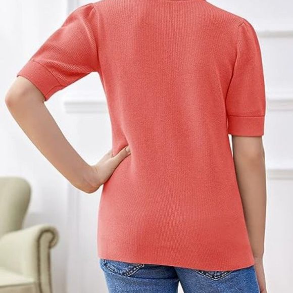 Girls Puff Short Sleeve Sweaters Crew Neck Pullover Knit Sweater Cute Ribbed - Picture 4 of 4